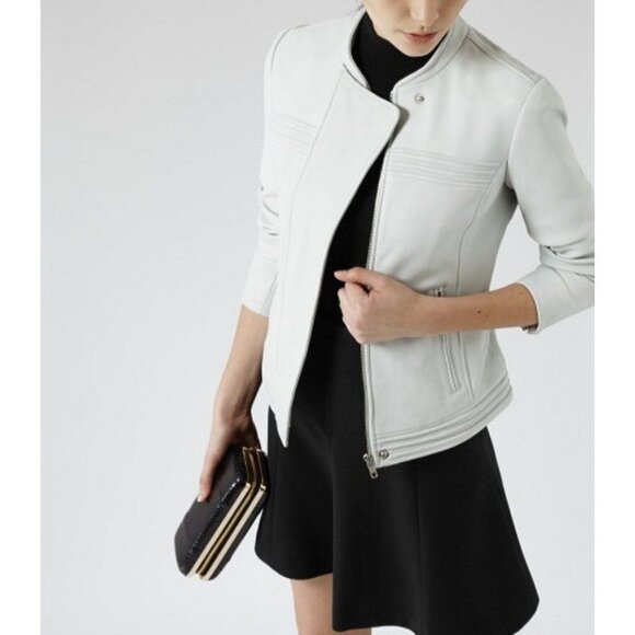 REISS Jackets & Blazers - $745 REISS Ice Blue LIOTTA Multi Stitch DETAIL LEATHER Coat Fitted JACKET ( M )